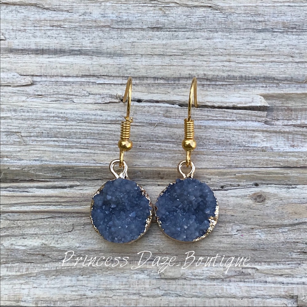 Gold Grey Druzy Stone Dangle Earrings‎
